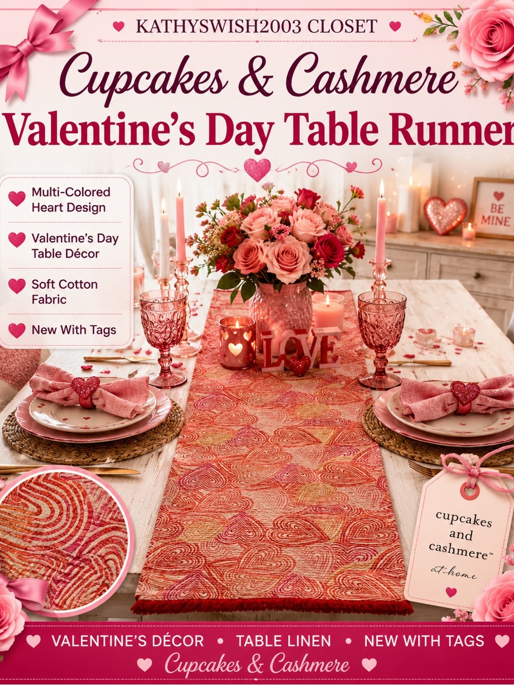 Cupcakes and Cashmere Multi Colored Hearts Valentines Day Table Runner